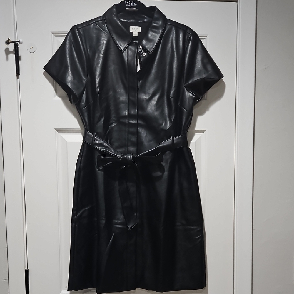 J. Crew Black Faux Leather Button Front Bow Tie Front Mini Shirt Dress 12 NEW